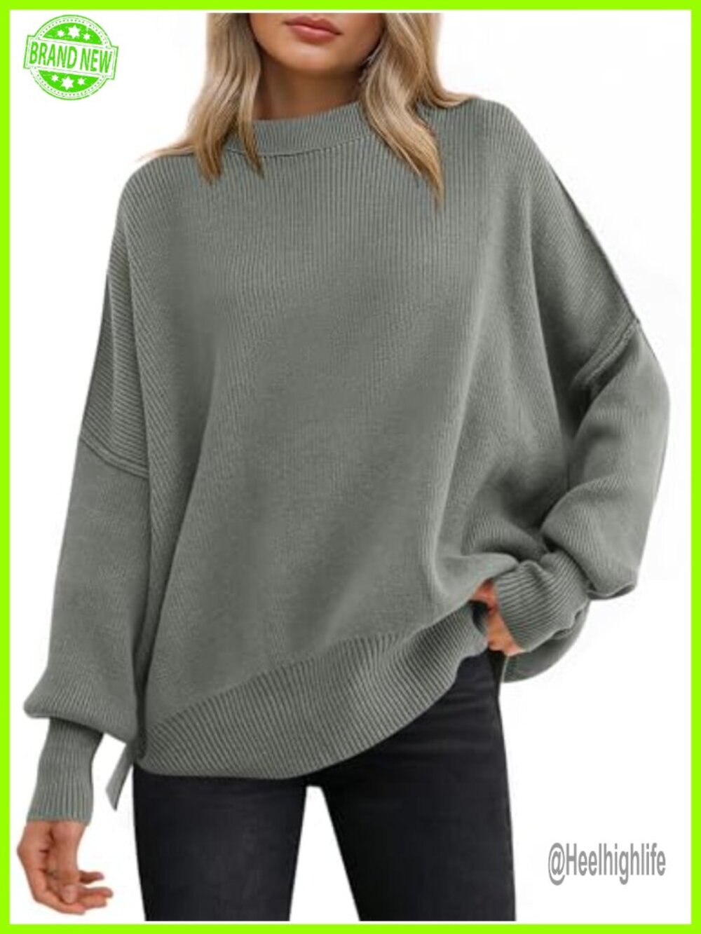 Oversized Chunky Ribbed Knit Pullover Sweater Batwing Sleeve Crew Neck